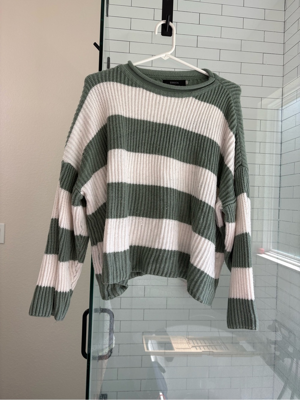 Zara Striped Crewneck Sweater in Sage Green and White